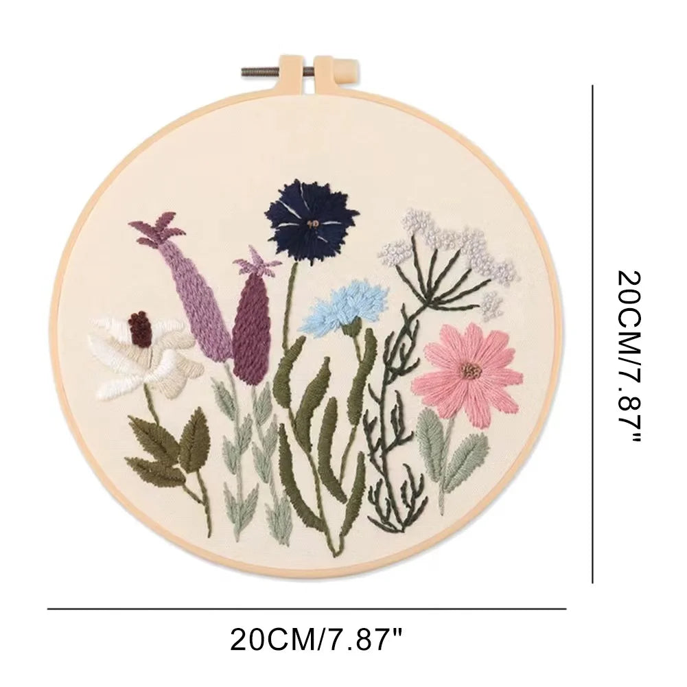 Embroidery hoop with floral design and dimensions on a white background