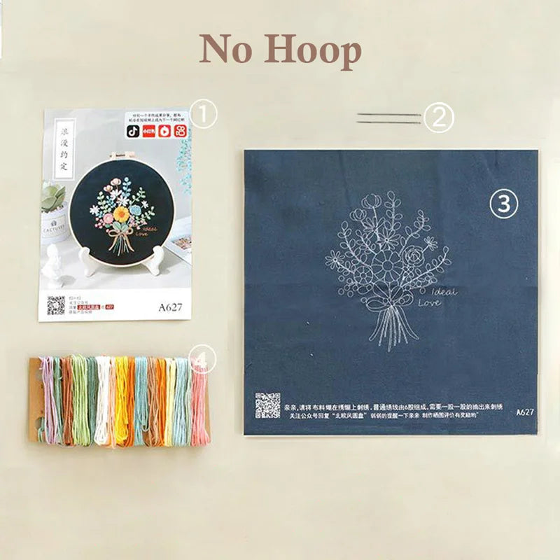 Embroidery hoop kit with floral design on a blue fabric background