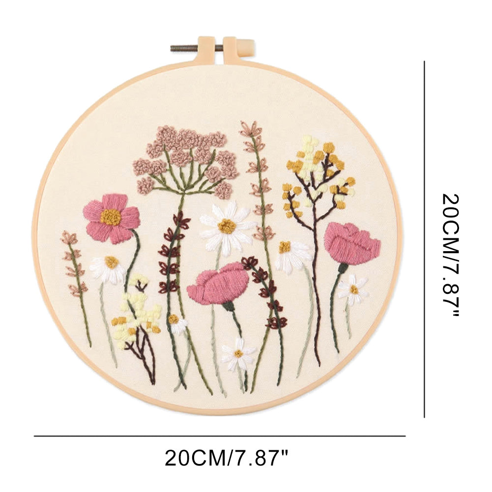 Embroidery hoop with floral design and dimensions on a white background