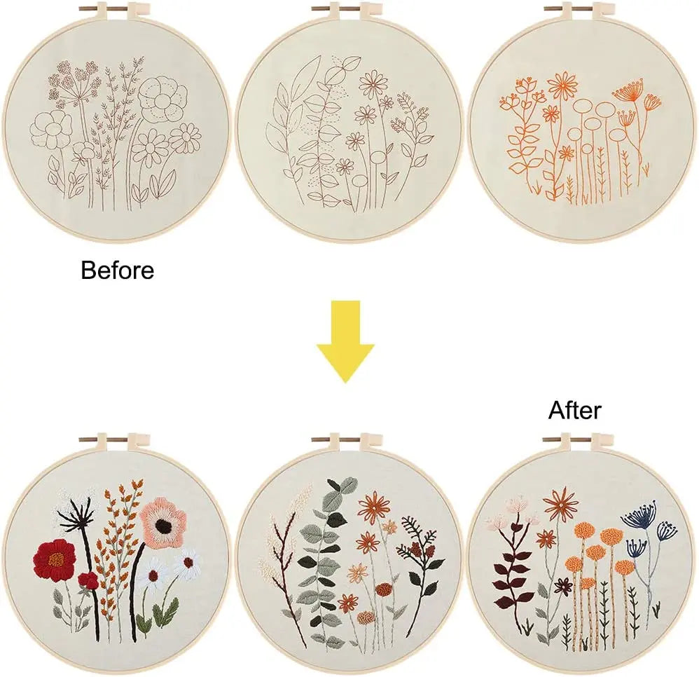 Before and after comparison of embroidered floral designs on a white background.