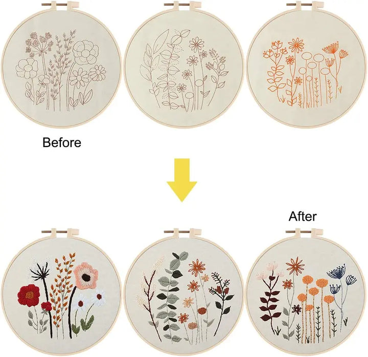 Before and after comparison of embroidered floral designs on a white background.
