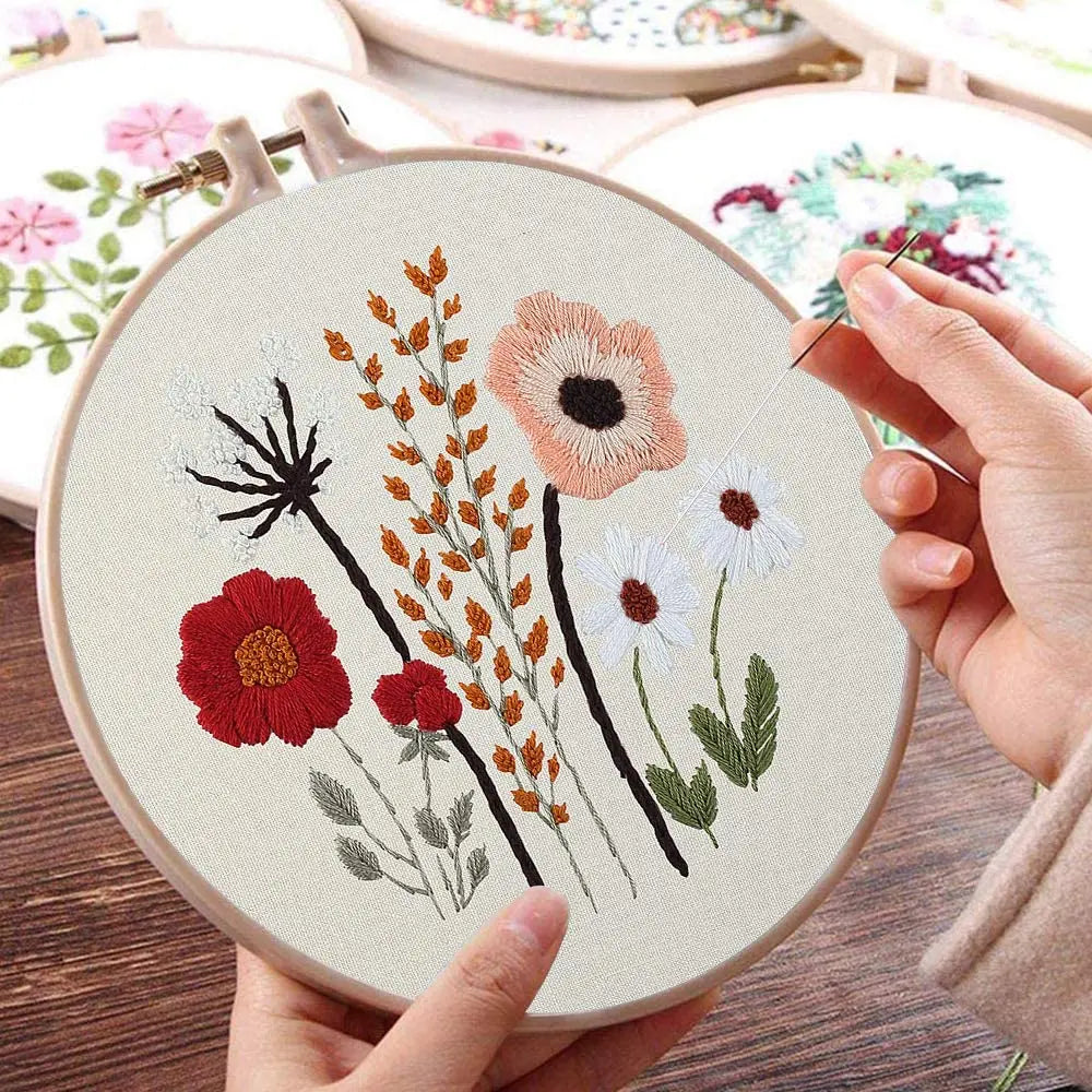 Embroidery hoop with floral design being worked on, held by a person.
