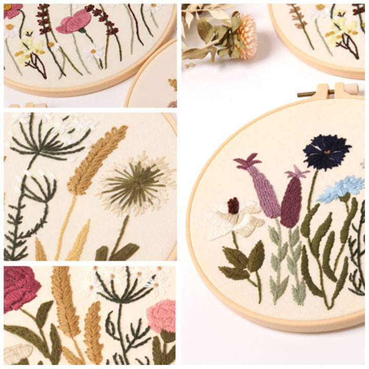 Collage of embroidered floral designs in hoops on a white background