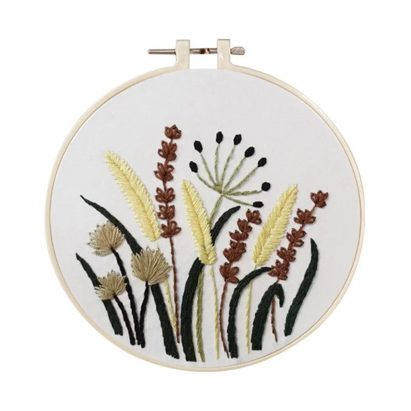 Embroidery hoop with floral design on a white background