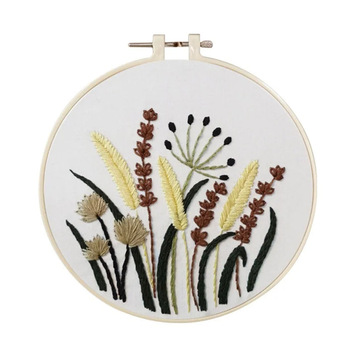 Embroidery hoop with floral design on a white background