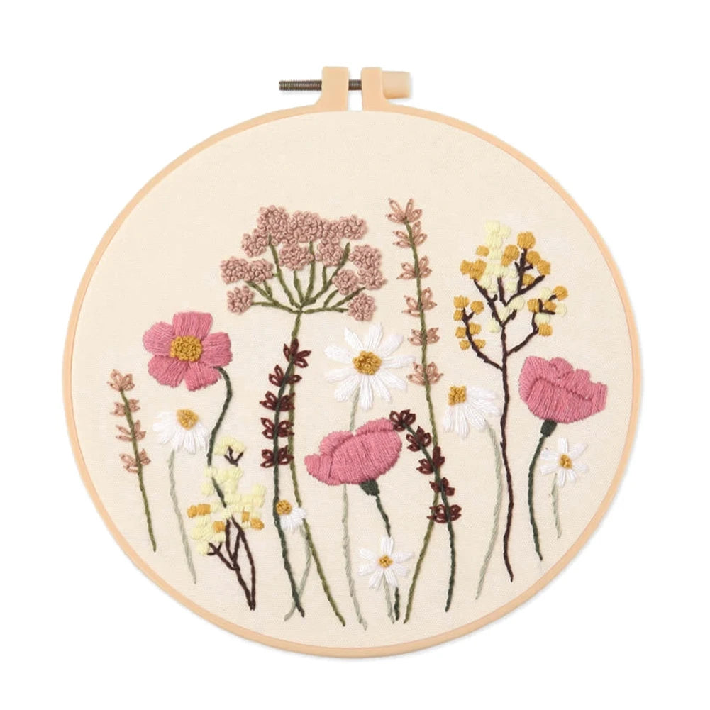 Embroidery hoop with floral design on a white background