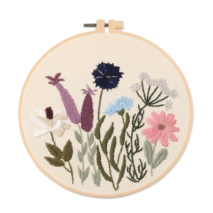 Embroidery hoop with colorful floral design on a white background