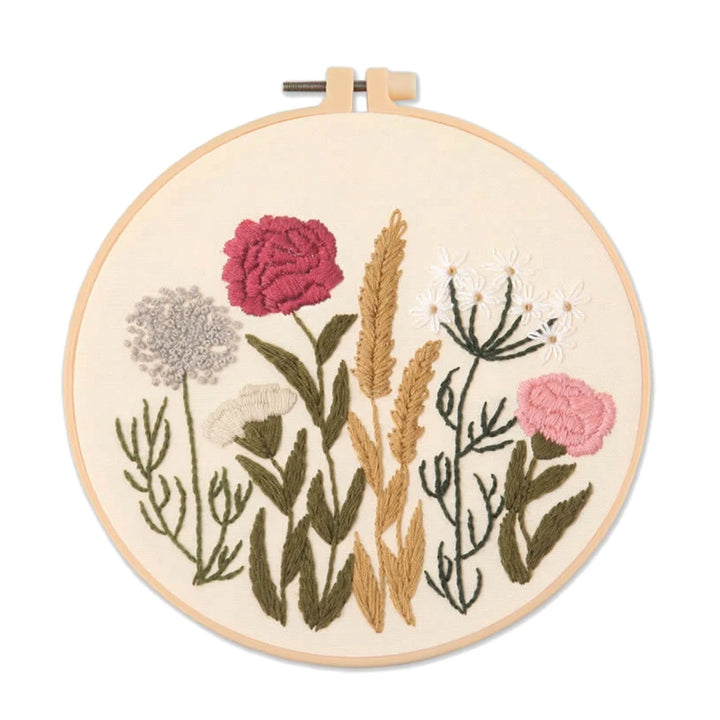 Embroidery hoop with floral design on a white background