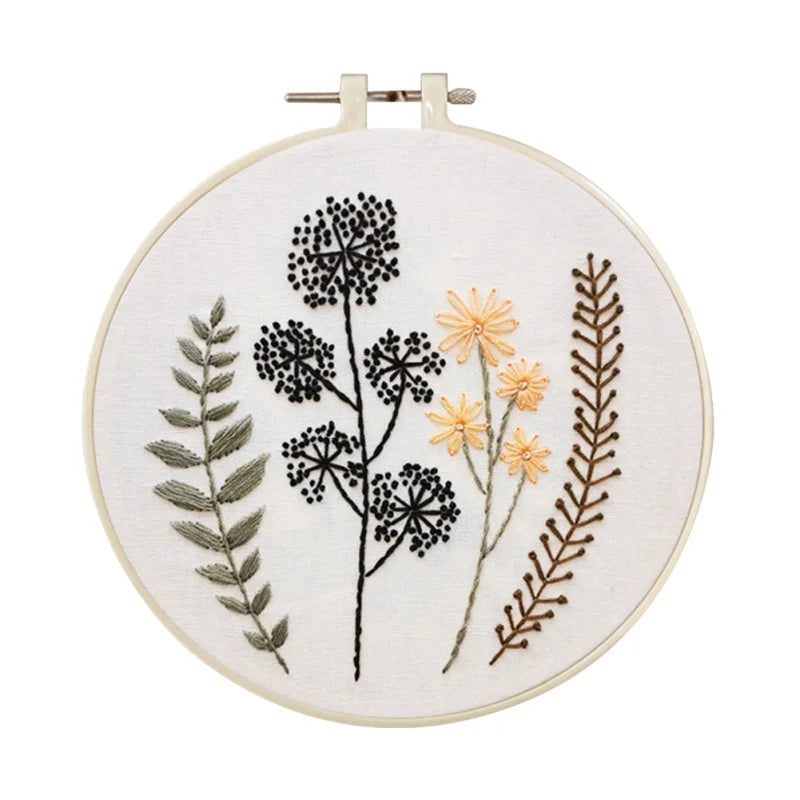 Embroidery hoop with floral and leaf patterns on a white background