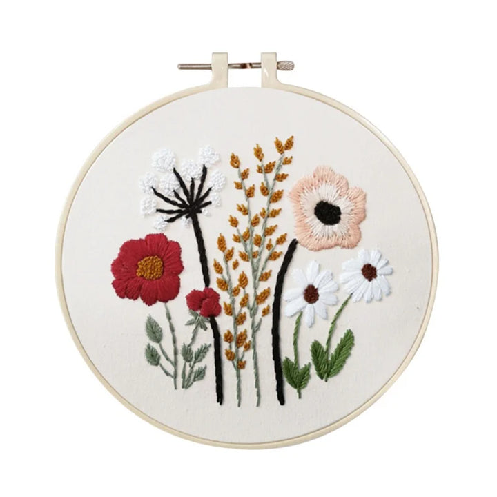 Embroidery hoop with floral design on a white background