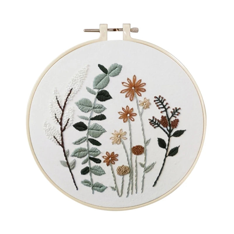 Embroidery hoop with floral and leaf design on a white background