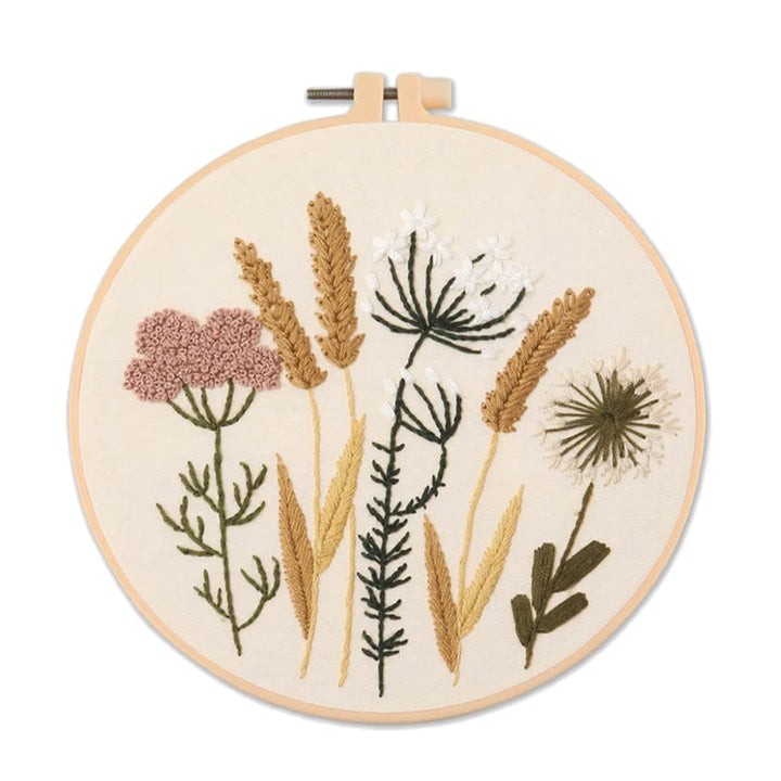 Embroidery hoop with floral design on a white background