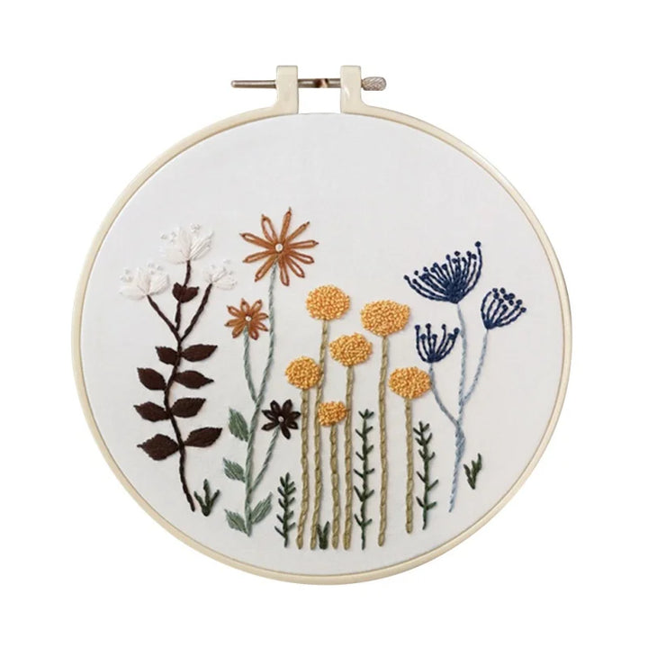 Embroidery hoop with floral design on a white background