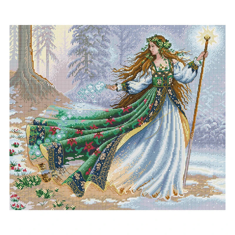 Cross-stitched design of a woman in a green and white dress with floral patterns, standing in a snowy forest.