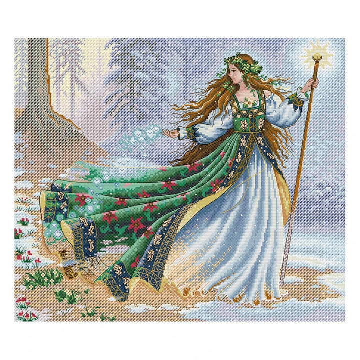 Cross-stitched design of a woman in a green and white dress with floral patterns, standing in a snowy forest.