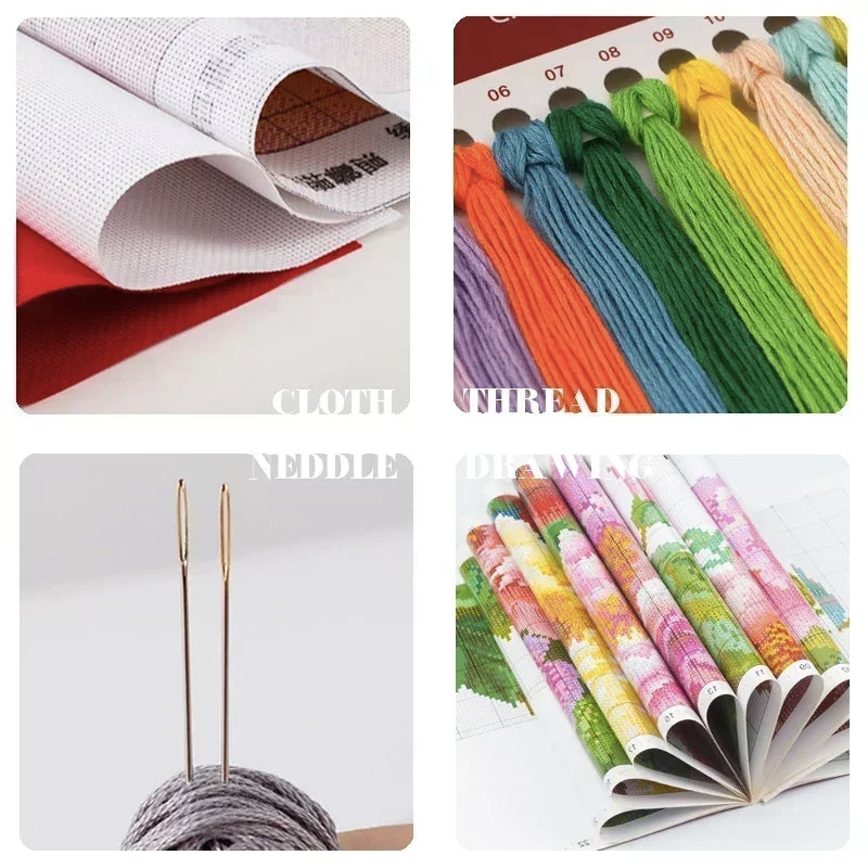 Collage of sewing materials including fabric, thread, needles, and a pattern book.