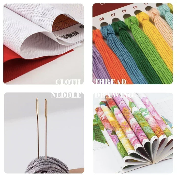 Collage of sewing materials including fabric, thread, needles, and a pattern book.