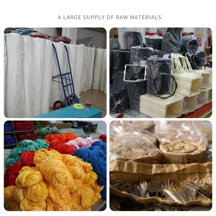 Collage of raw materials including fabric, bags, yarn, and other supplies.