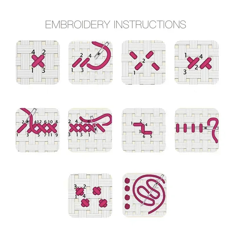 Collection of embroidery patterns with step-by-step instructions on a white background