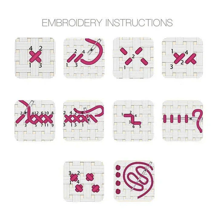 Collection of embroidery patterns with step-by-step instructions on a white background