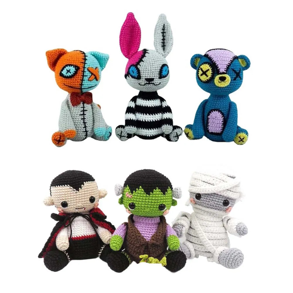 Set of six colorful crochet dolls with unique designs on a white background