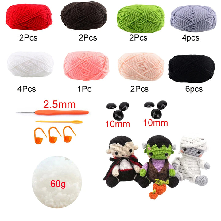 Yarn balls in various colors with crochet hooks and yarn ball weights on a white background