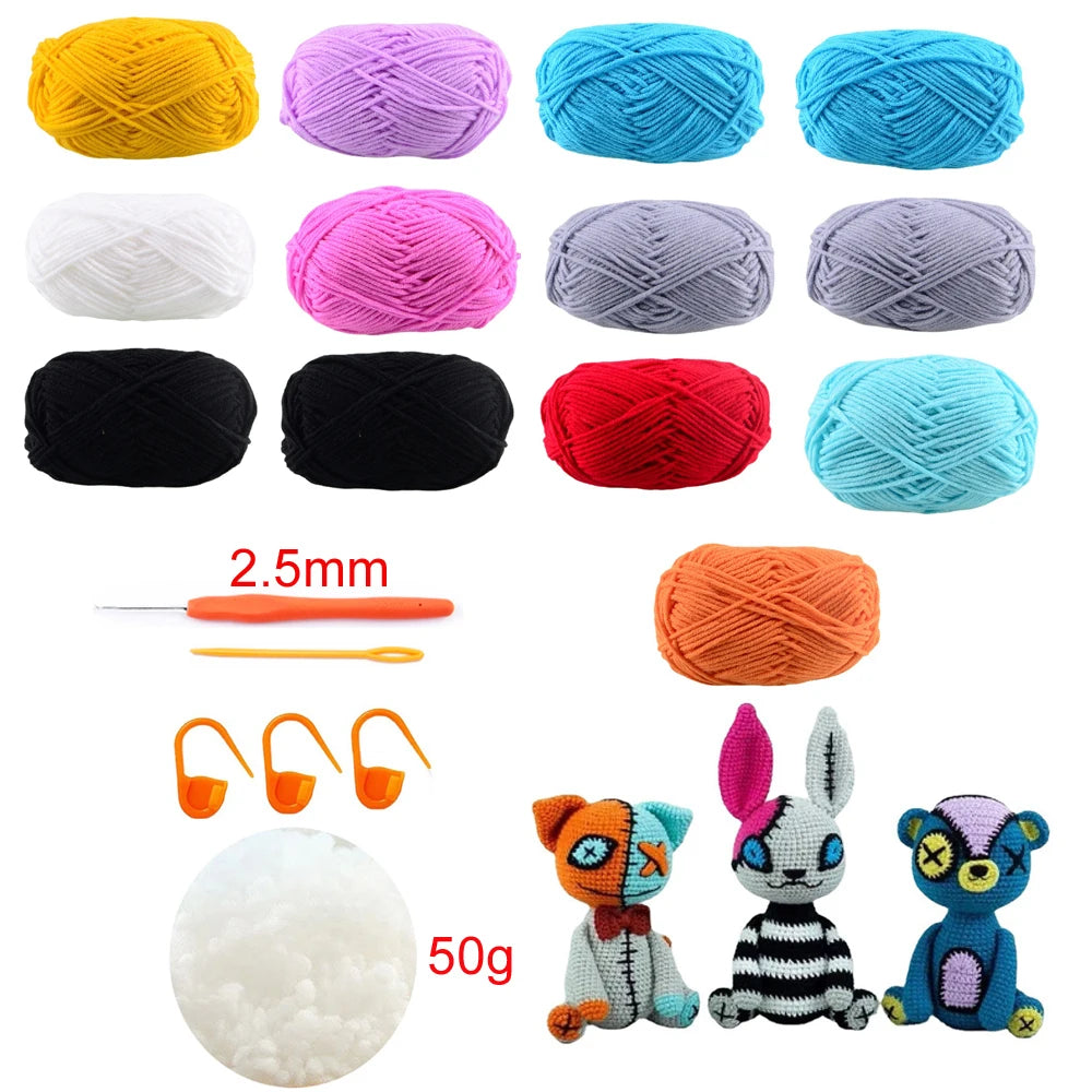 Collection of colorful yarn balls, a crochet hook, and small crocheted animals on a white background.