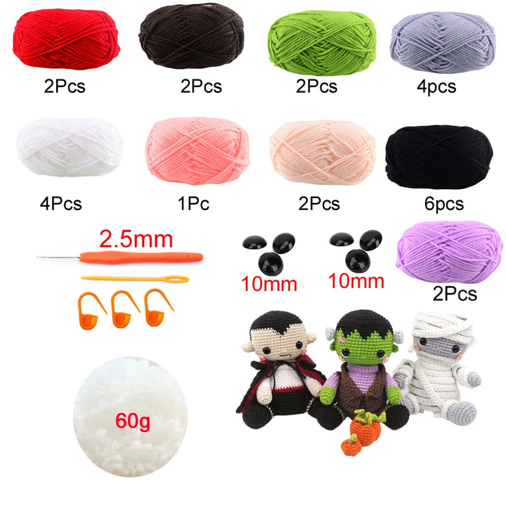 Collection of yarn balls in various colors with crochet hooks and small amigurumi dolls on a white background.