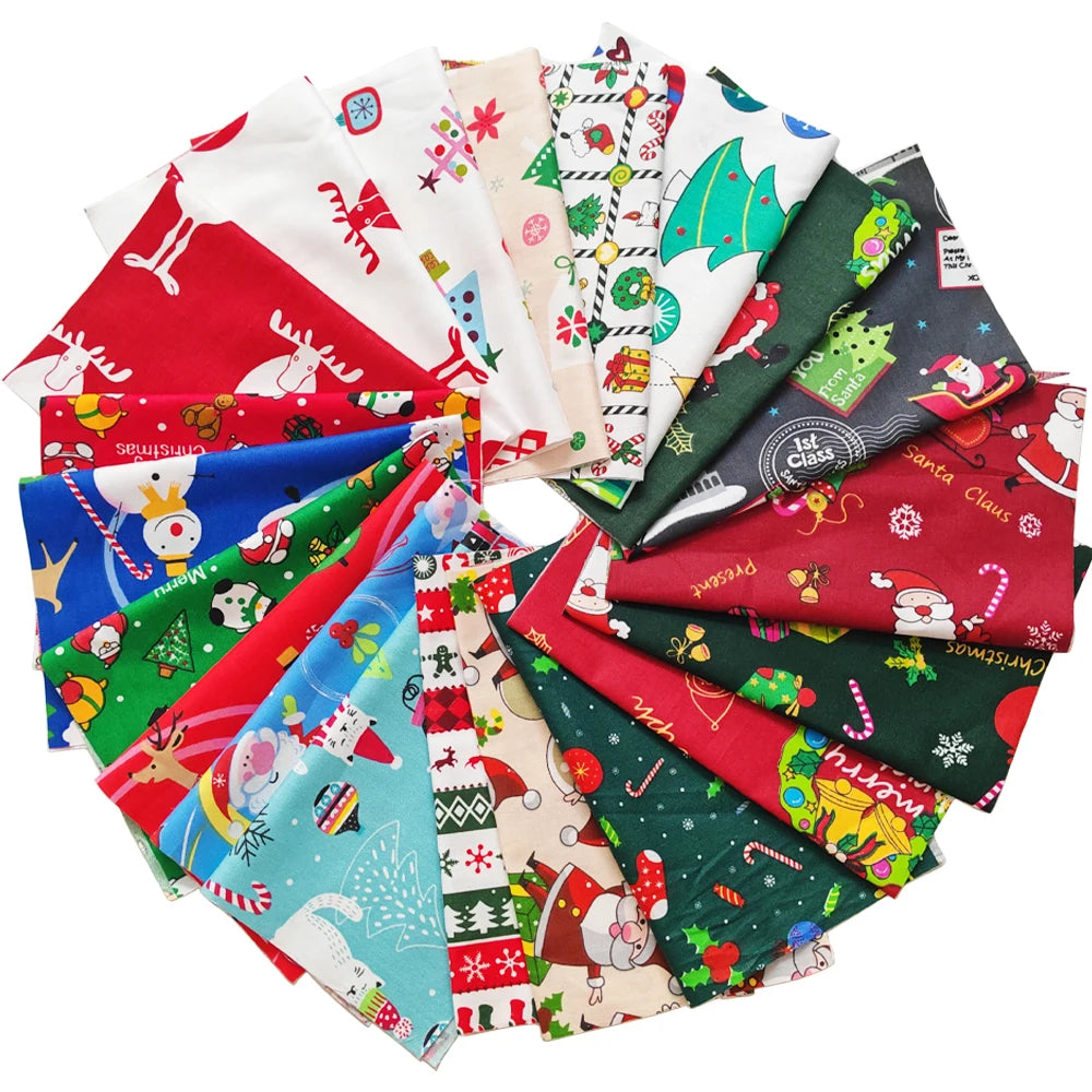 Collection of Christmas-themed fabric swatches arranged in a circular pattern.