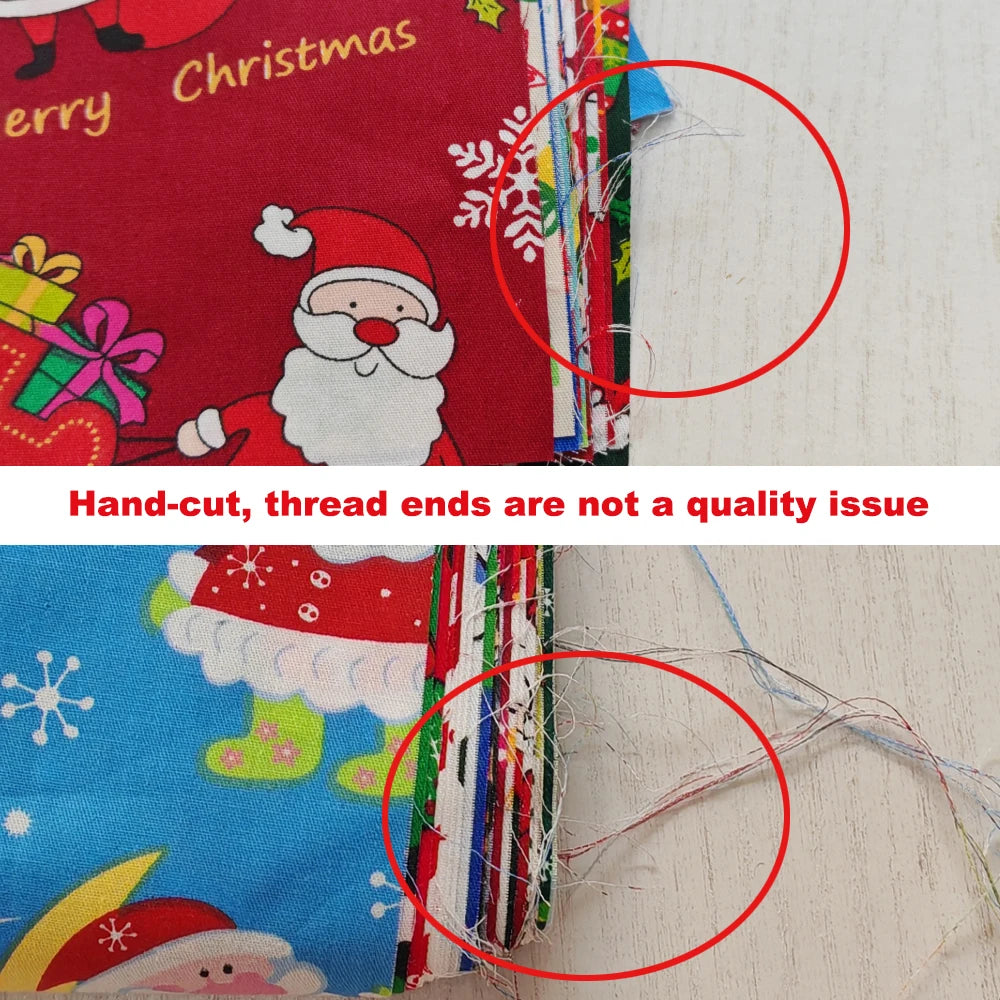 Christmas-themed fabric with Santa Claus design and visible thread ends.