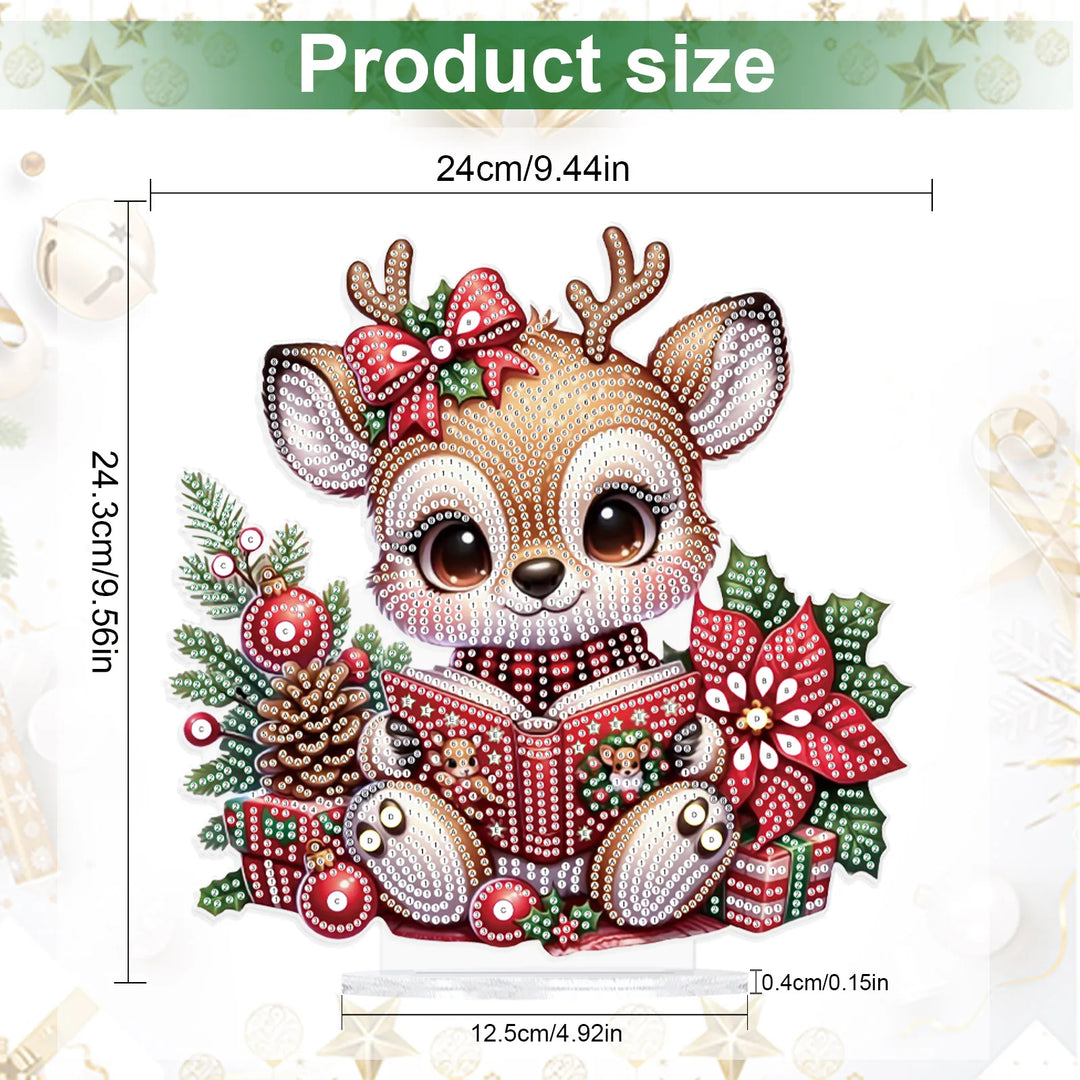 Decorative reindeer with Christmas elements and product size measurement on a white background