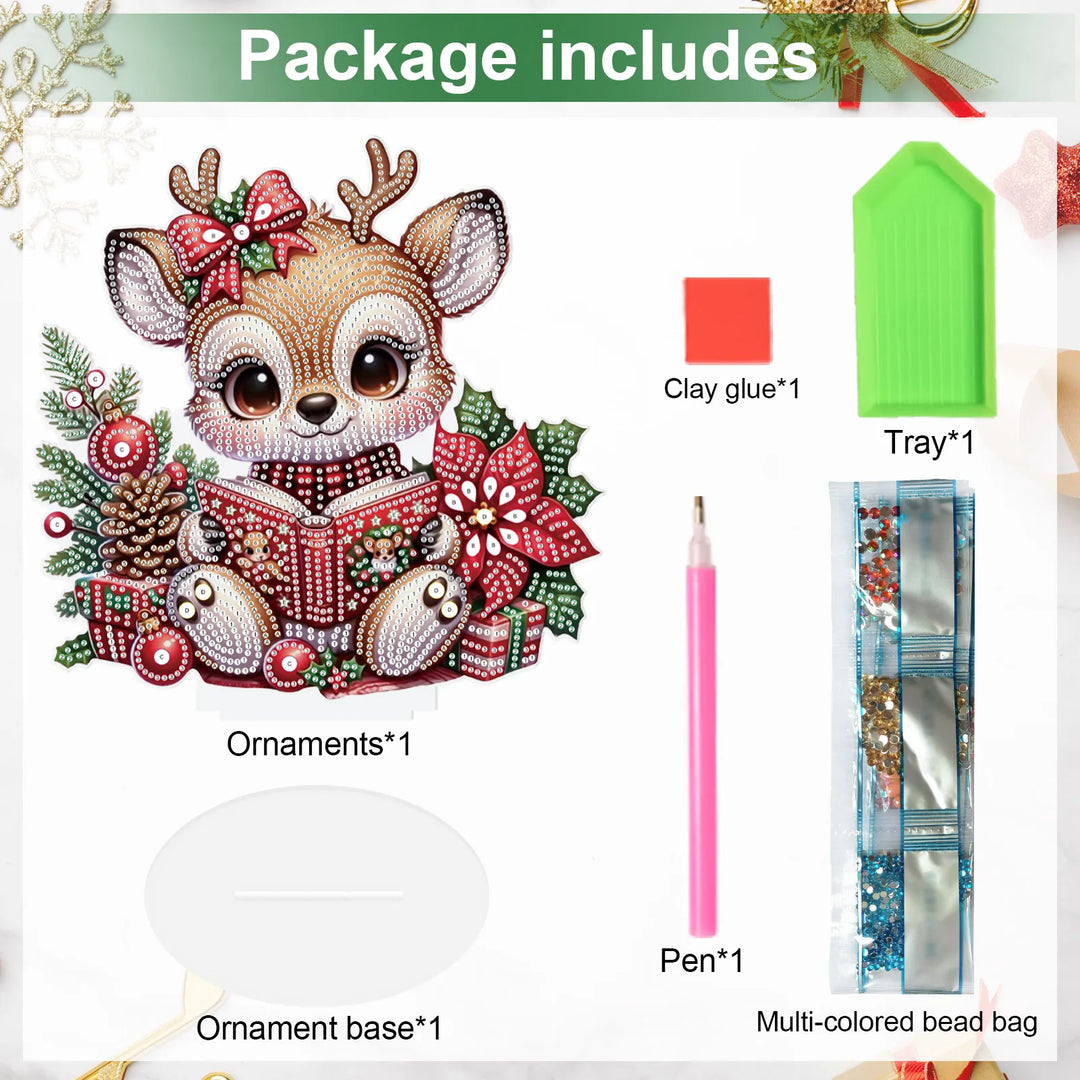 Package contents including a diamond painting of a deer, clay glue, tray, pen, ornament base, and multicolored bead bag on a white background.
