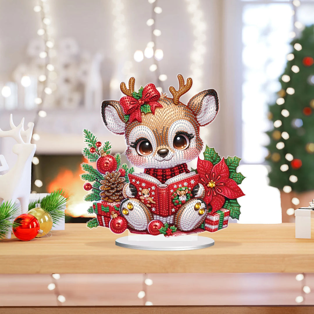 Decorative reindeer figurine with festive decorations on a table.