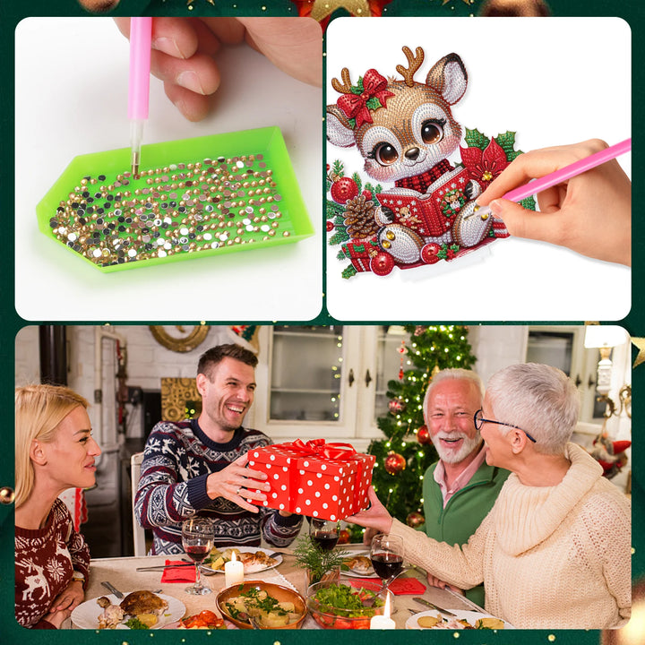 Collage of a diamond painting activity and a family celebrating Christmas.
