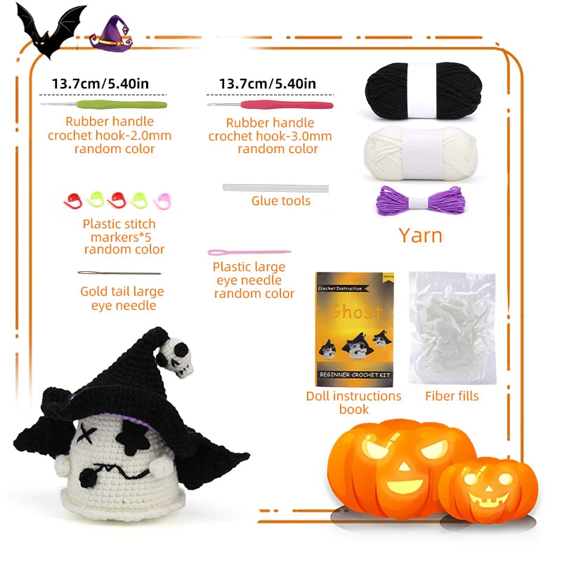 Halloween-themed crochet kit with yarn, needles, and doll instructions on a white background.