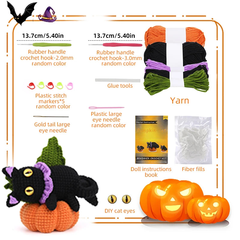 Halloween-themed crochet kit with yarn, hooks, needles, and pumpkins on a white background.