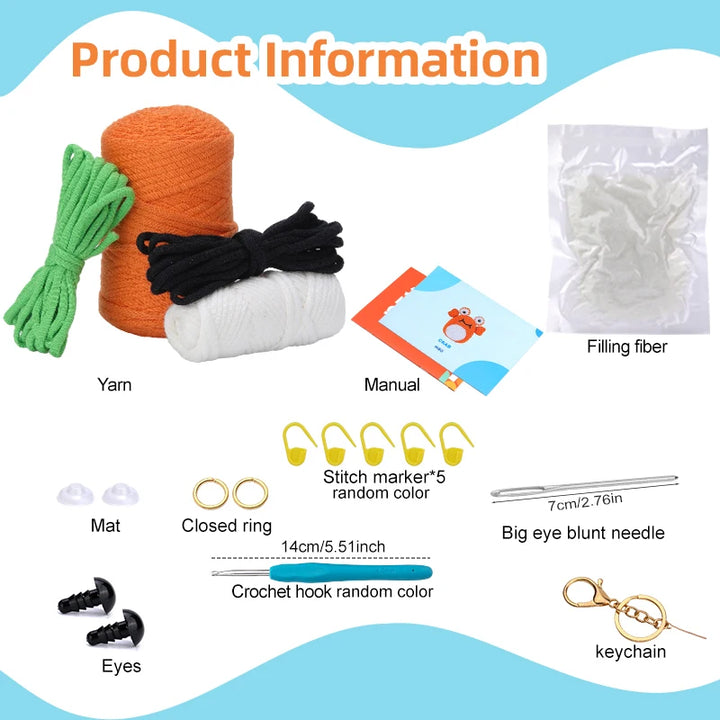 Product information graphic with yarn, manual, filling fiber, and other crafting items on a blue background.