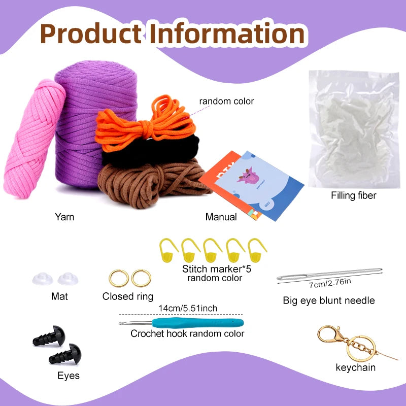 Product information graphic with yarn, manual, and various craft items on a white background.