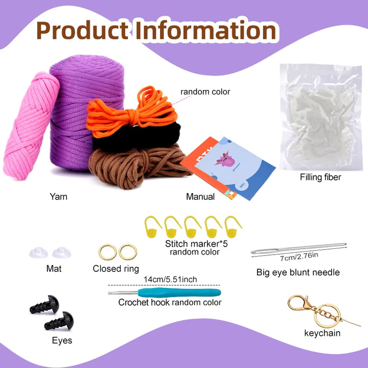 Product information graphic with yarn, manual, and various craft items on a white background.