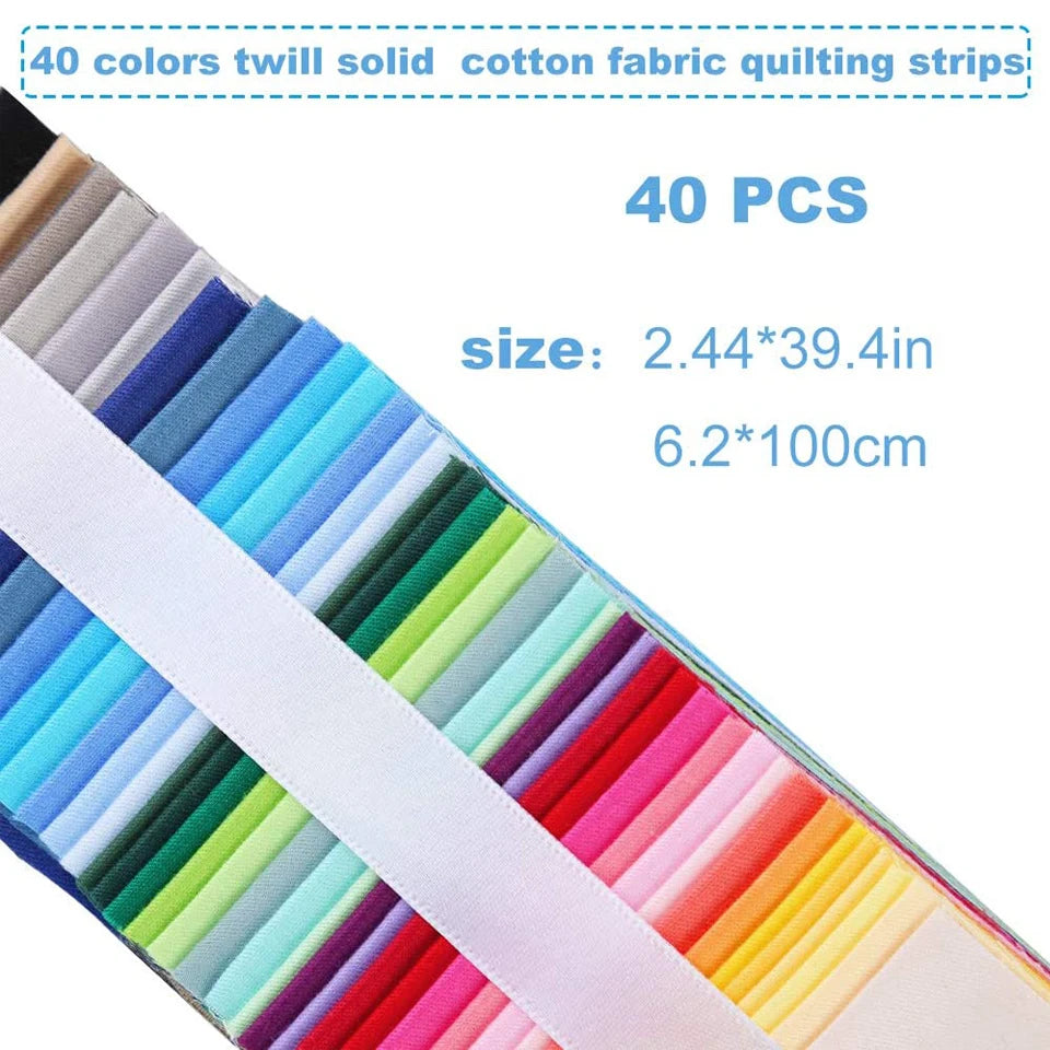 40 colors twill solid cotton fabric quilting strips with size information on a white background