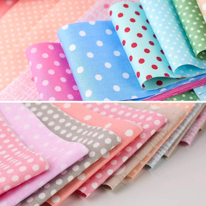 Collection of polka dot fabrics in various colors on a white background