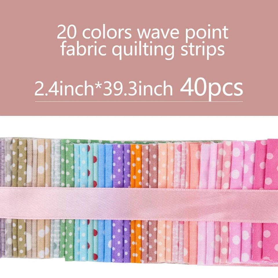 Pack of 20 colors wave point fabric quilting strips with dimensions and quantity on a pink background