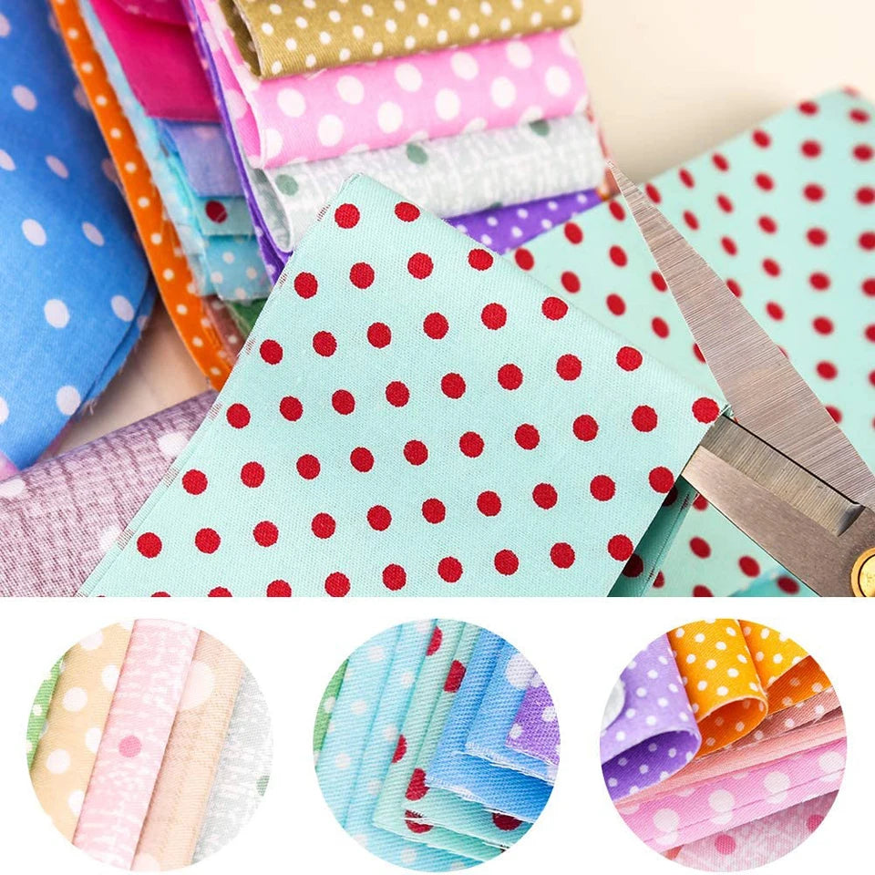 Colorful polka dot fabric with scissors and close-up insets.