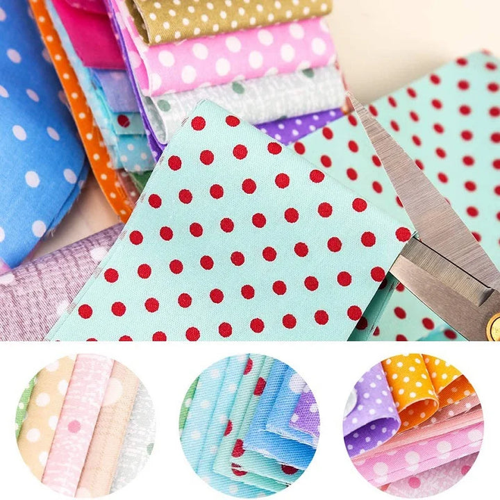 Colorful polka dot fabric with scissors and close-up insets.