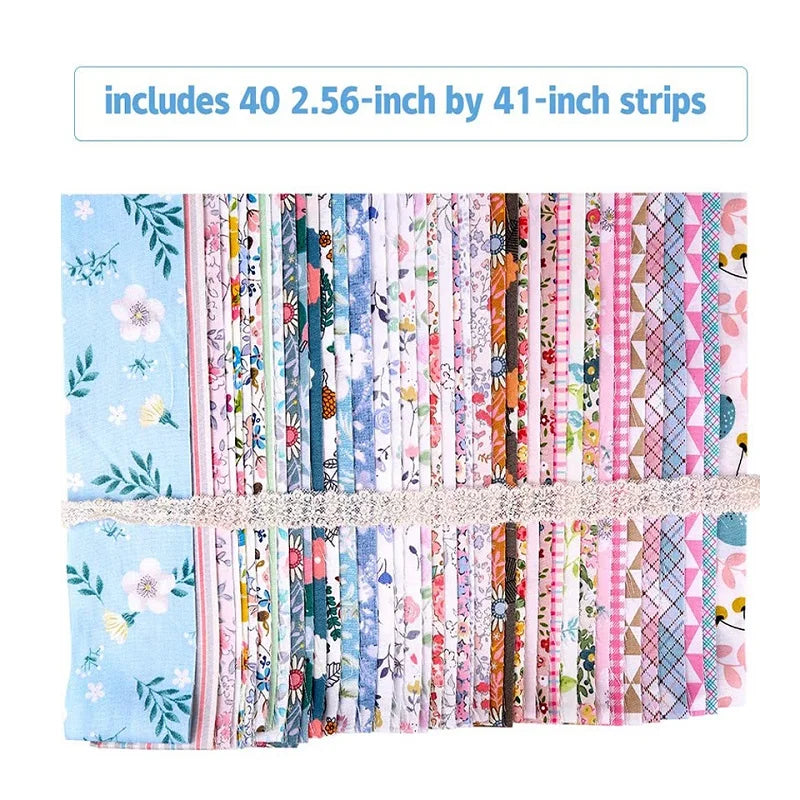 Set of fabric strips with various patterns on a white background