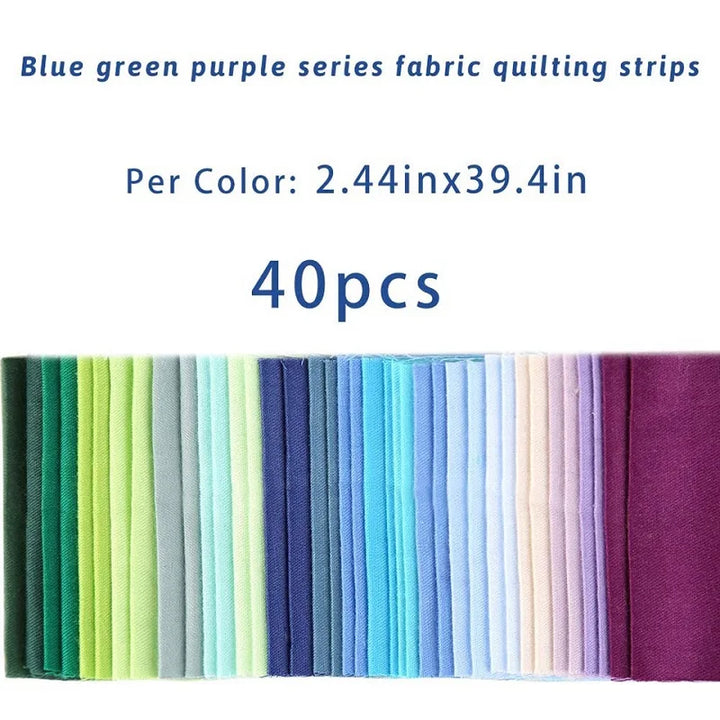 Blue green purple series fabric quilting strips with dimensions and quantity on a white background