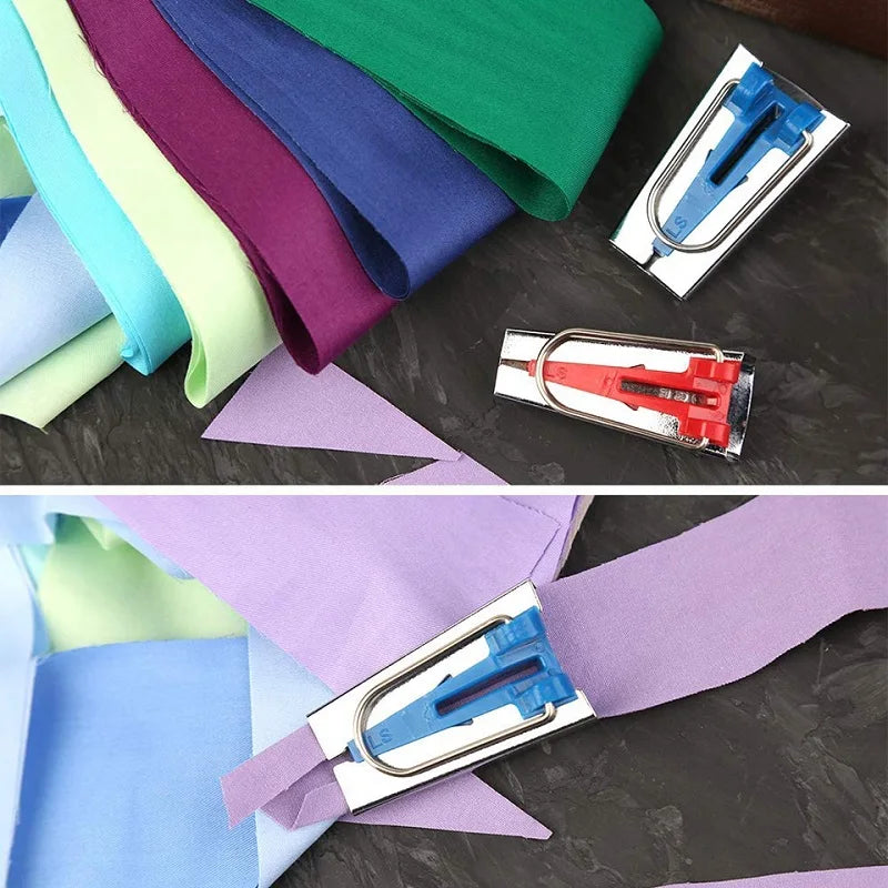 Colorful fabric swatches with a metal buckle on a dark surface