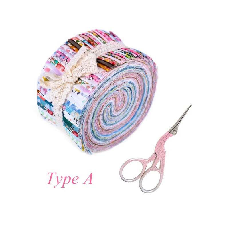 Colorful fabric roll with a bow and pink scissors on a white background