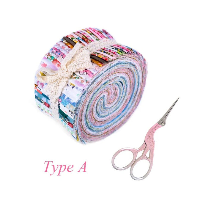 Colorful fabric roll with a bow and pink scissors on a white background