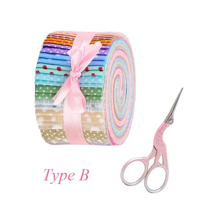 Rolled-up fabric with colorful patterns and a pink bow, accompanied by a pair of pink scissors on a white background.